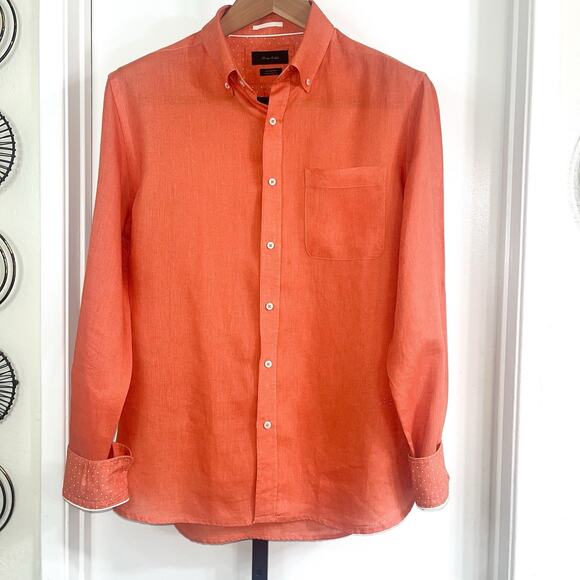 Porter & Ash Mens 100% Linen Flip Cuff Button Down Shirt - Orange, Size L - Picture 9 of 9